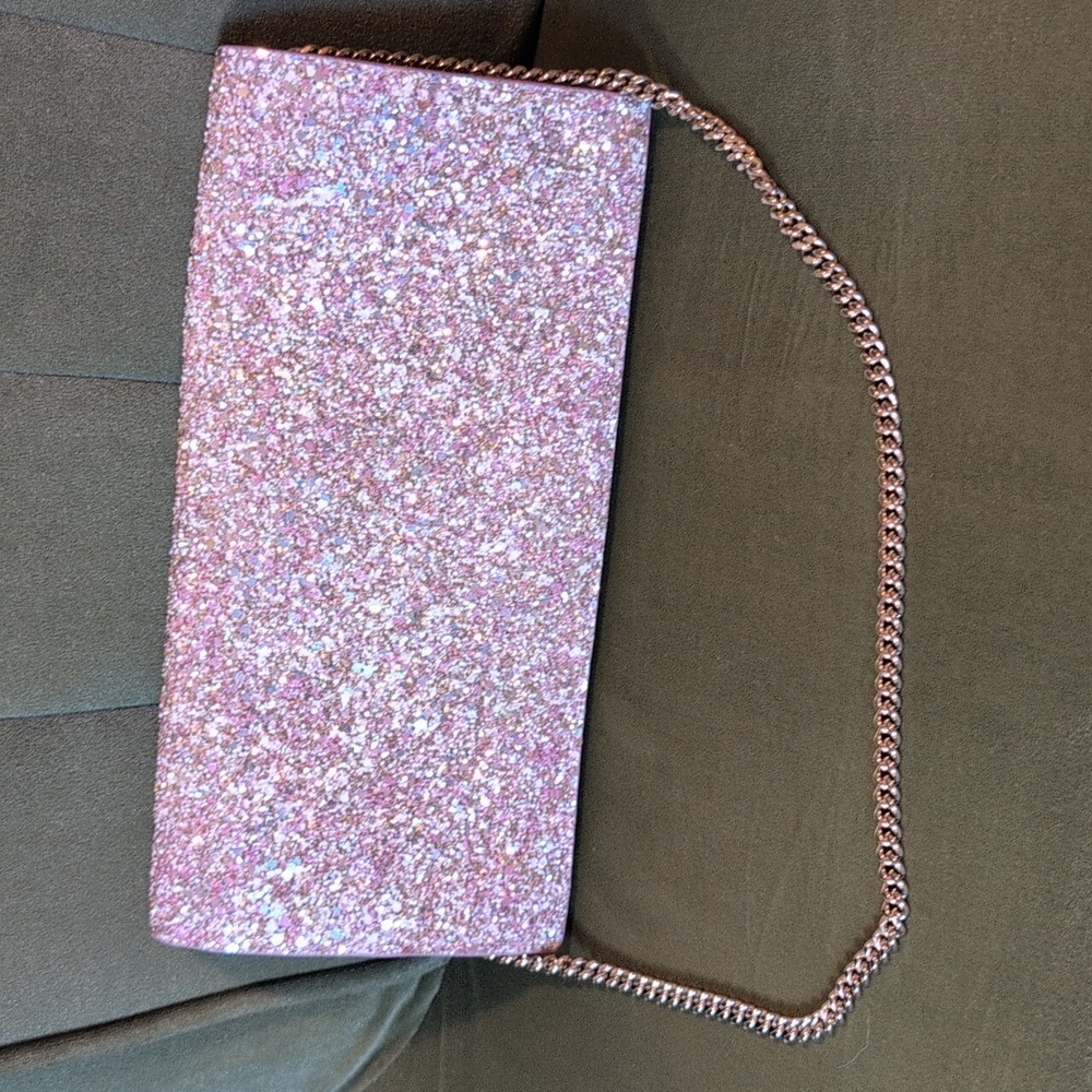Jimmy Choo Lilia Pink Sparkle Glitter Crossbody Clutch with Gold Shoulder Strap - Picture 6 of 12